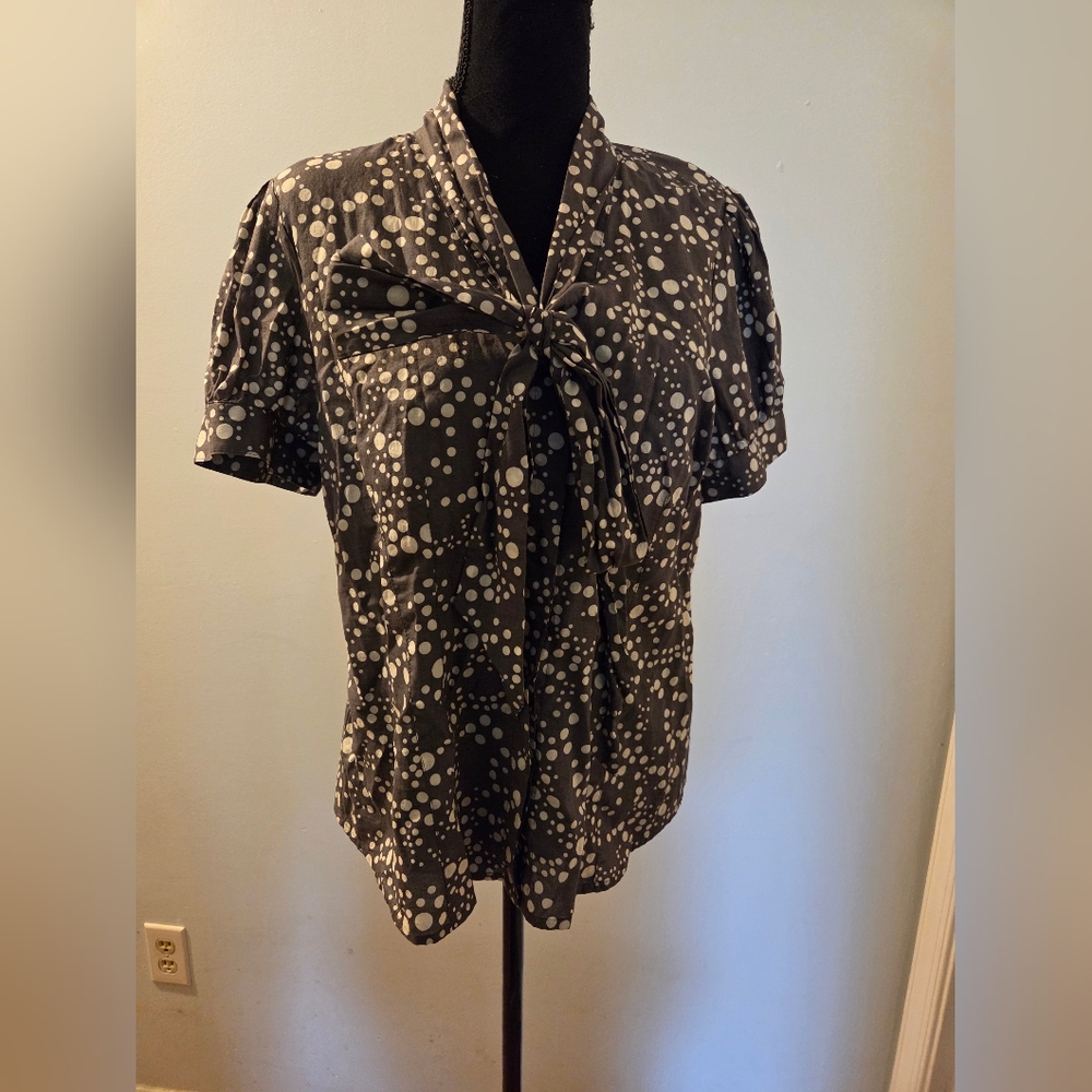 Elle Charcoal Blouse with Dot Pattern and Bow